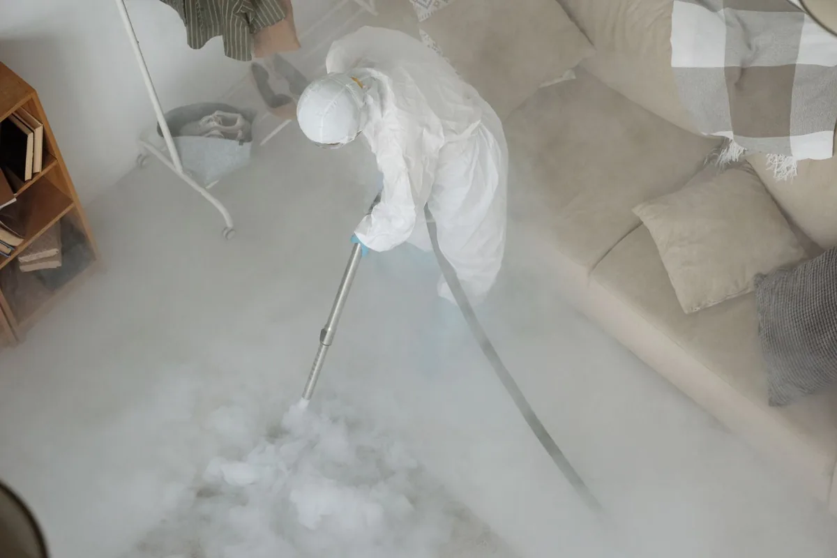 Biohazard cleanup technician in protective equipment, Portola Springs, Irvine, CA
